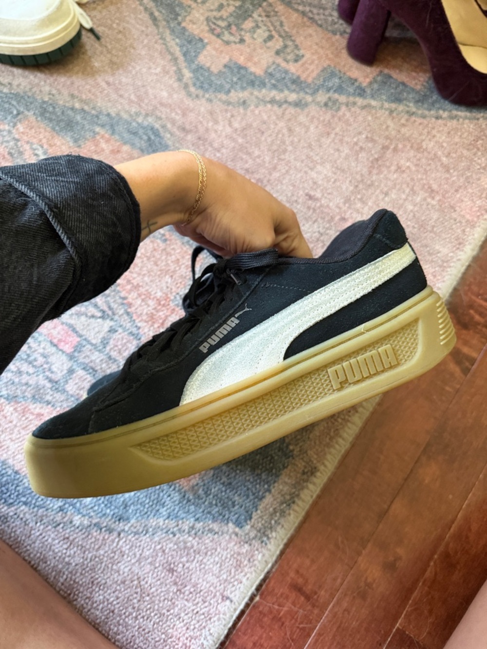 Puma Black Suede Platform Sneakers with Cream Formstrip and Gum Sole